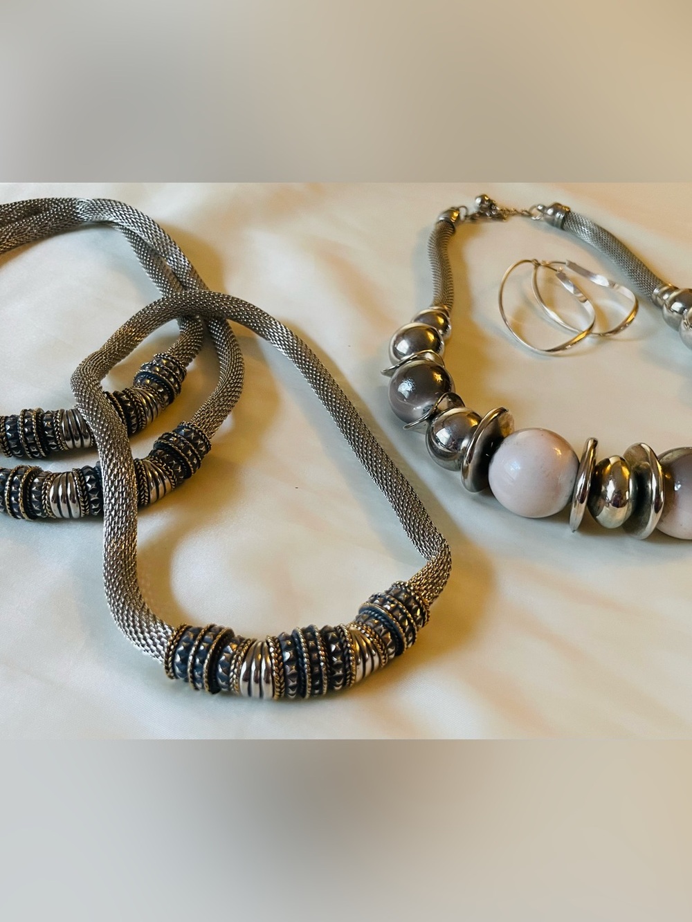 Lot of 4- Silver-Tone Beaded & Mesh Necklaces - Silver-tone Earrings